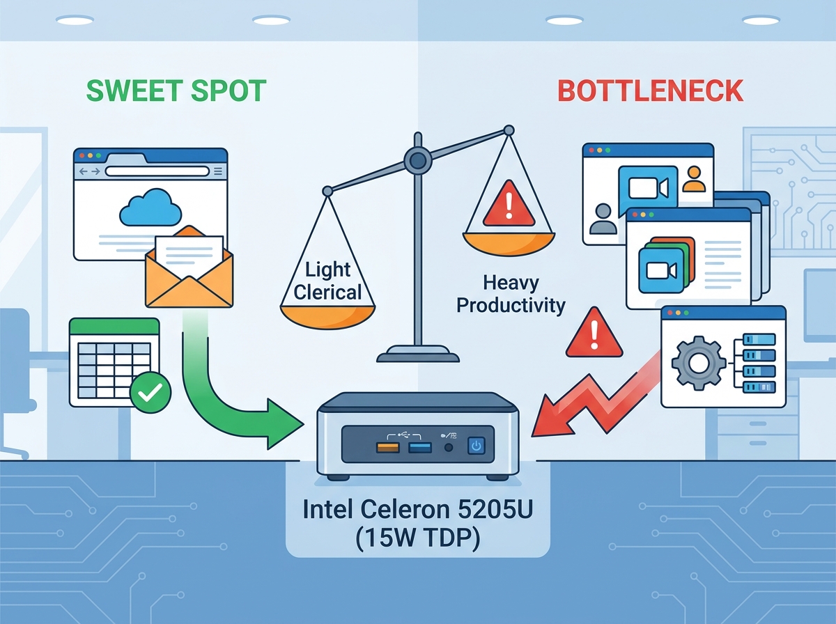 オフィス環境におけるインテル Celeron 5205U ミニ PC と従来のデスクトップの比較